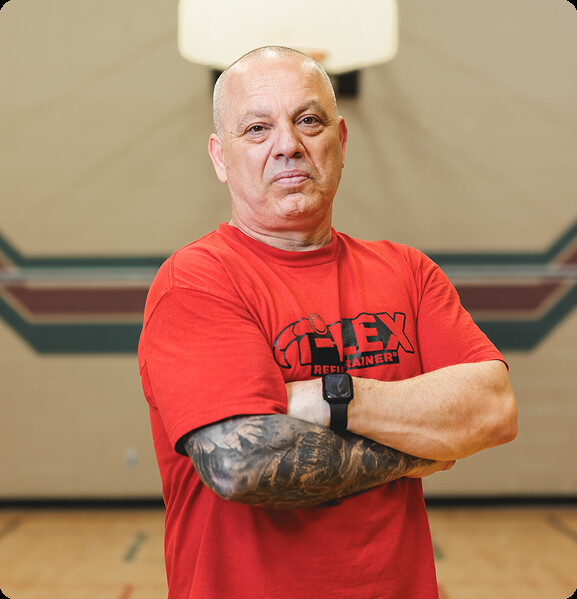 Glen in a red T-Flex t-shirt